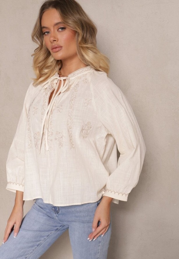 Beżowa Haftowana Bluzka z Bawełny z Wiązaniem Emvivia