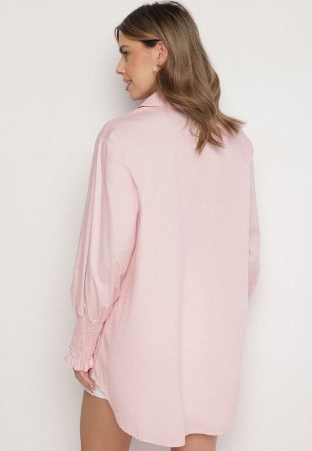 Jasnoróżowa Bawełniana Koszula z Marszczonymi Rękawami i Falbankami Tanandoria