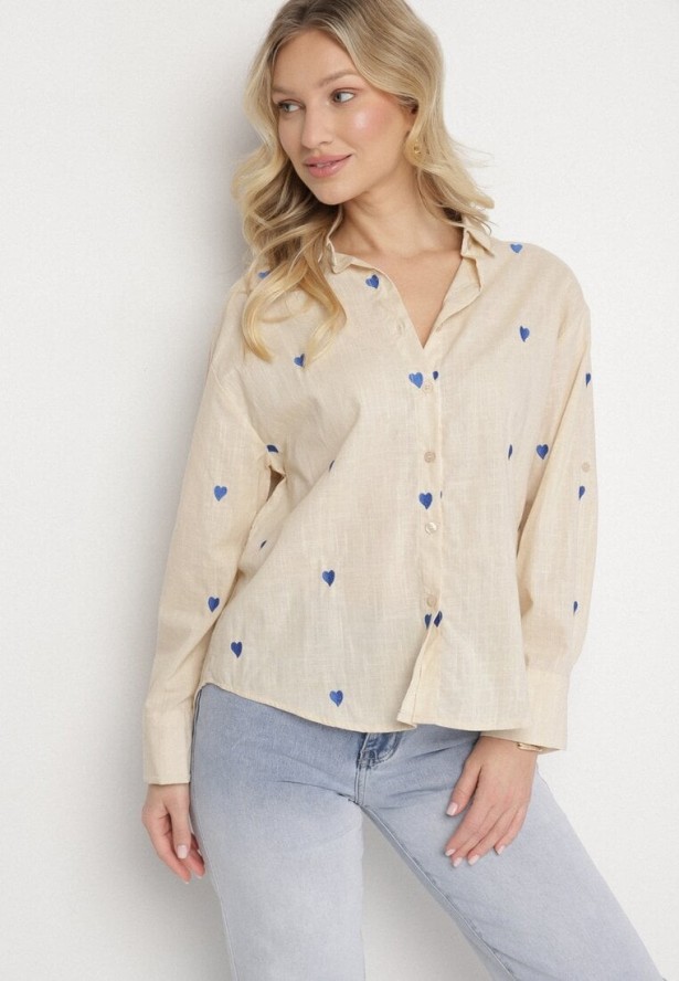 Beżowa Koszula z Bawełny Ozdobiona Sercami Aslotis
