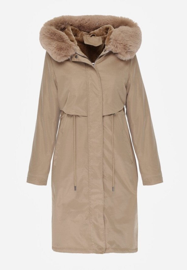 Beżowa Kurtka za Kolano ze Ściągaczem i Kapturem z Futerkiem Adoresa