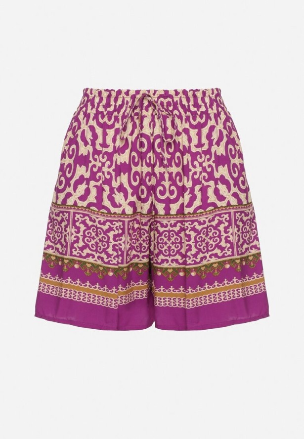 Fioletowe Bawełniane Szorty Bermudy w Etniczny Wzór z Gumką w Talii i Kieszeniami Vomena