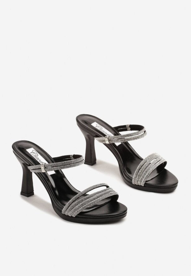 Czarne Sandały Klapki na Szpilce Ozdobione Cyrkoniami Harilen