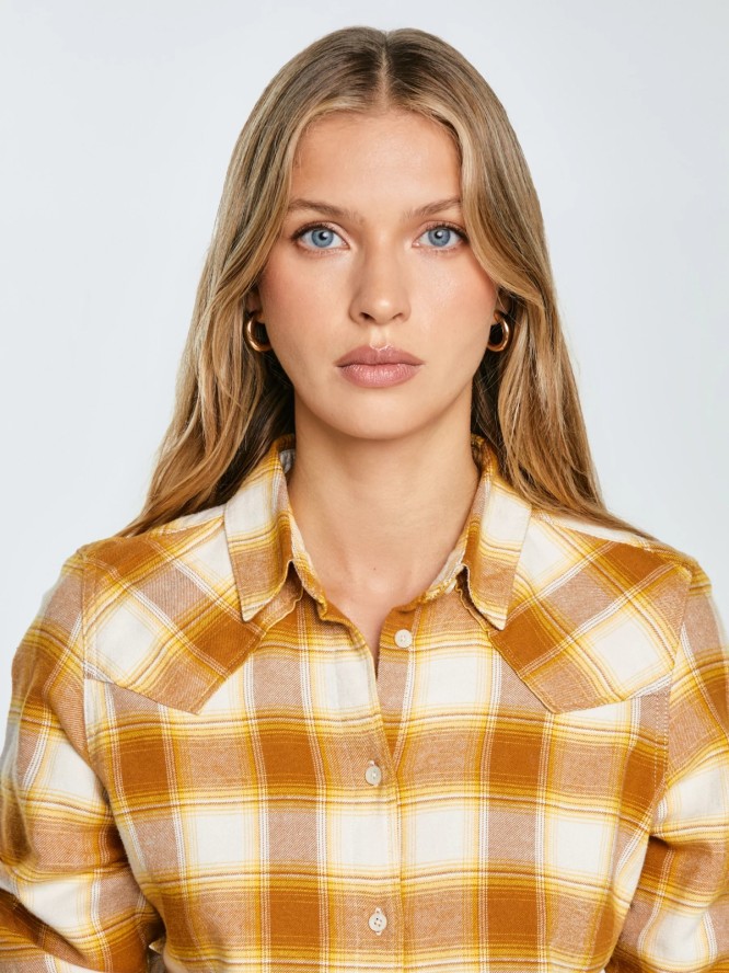 Koszula damska flanelowa w kratę żółto-brązowa Dreni 201