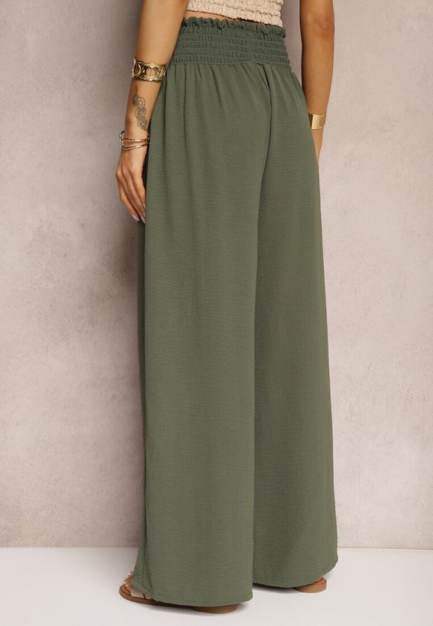 Ciemnozielone Spodnie High Waist z Szerokimi Nogawkami i Gumką w Pasie Risabessa