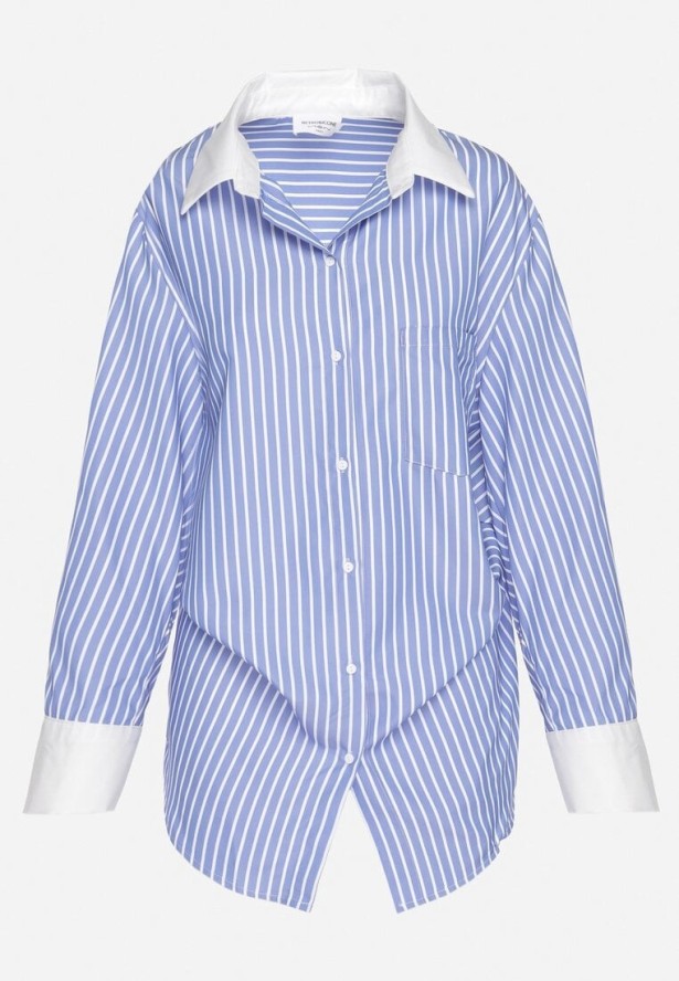 Niebieska Koszula w Paski z Kontrastowymi Mankietami i Kołnierzykiem Zarona