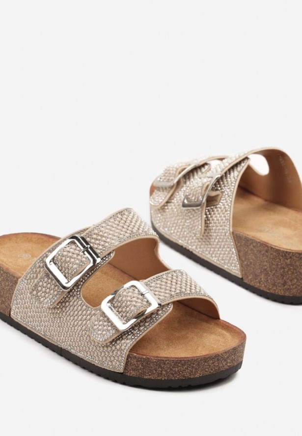 Beżowe Klapki na Grubej Podeszwie z Korka z Cyrkoniową Cholewką Dralsedi