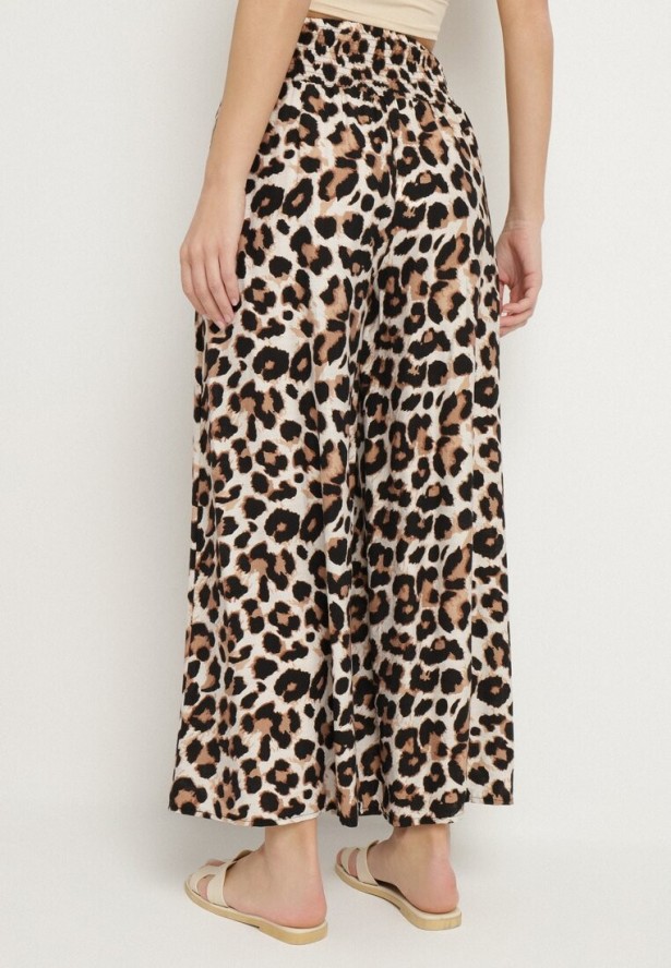 Czarno-Beżowe Wiskozowe Spodnie Szerokie z Wysokim Stanem z Panterką Elliree