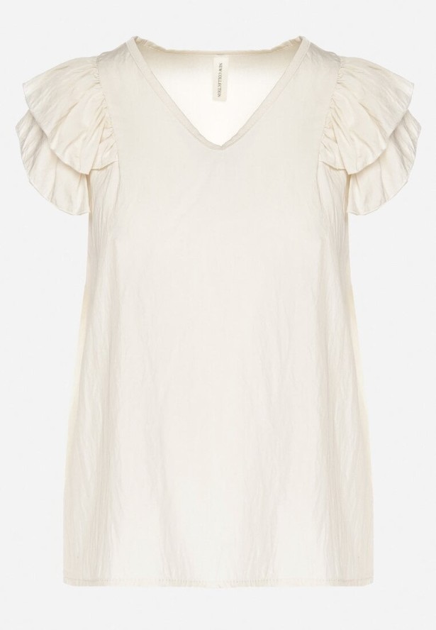 Jasnobeżowa Bluzka z Wiskozą Ozdobiona Falbankami Divestra