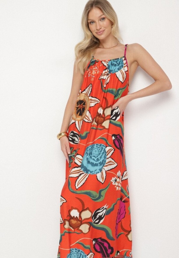 Czerwona Sukienka z Wiskozą i Lnem w Kwiaty Rinetia