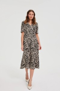 Wzorzysta sukienka midi beżowa
