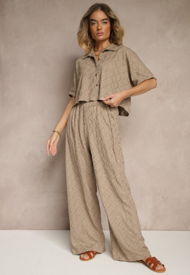 Jasnobrązowy Komplet o Ażurowym Wykończeniu Koszula i Długie Spodnie z Gumką w Pasie Bemvia