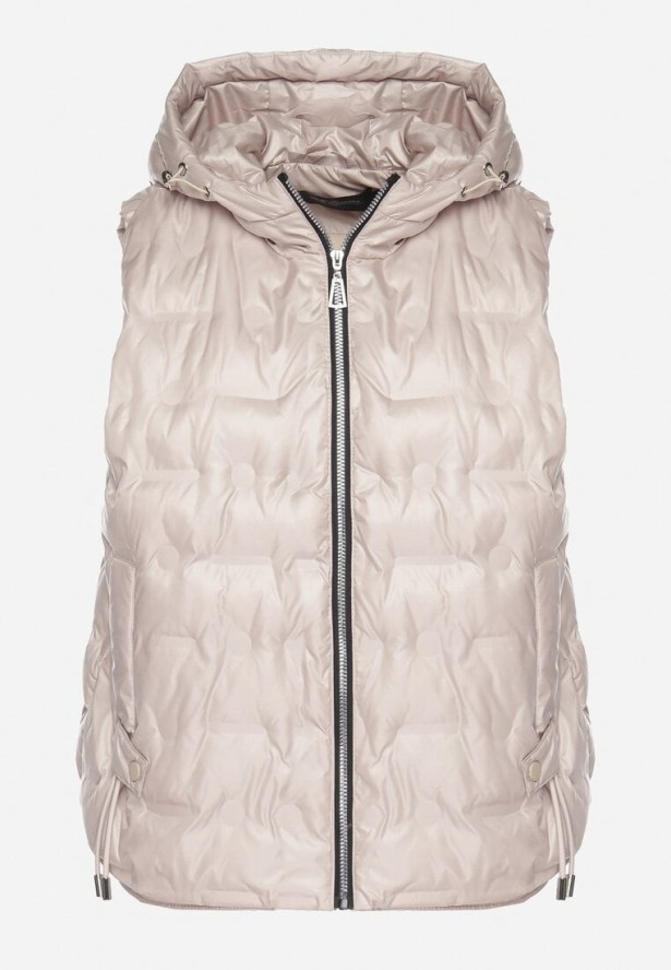 Beżowa Kamizelka z Pikowanymi Przeszyciami i Kapturem ze Ściągaczami Annivria