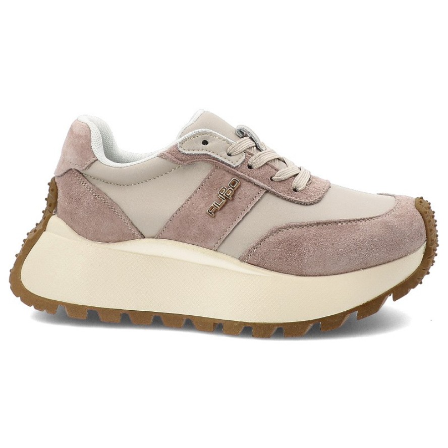 Sneakersy damskie Filippo, skórzane na grubej platformie z okrągłym noskiem i sznurowane, beżowe, DP6785-25-BE