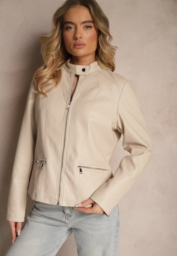 Beżowa Kurtka w Stylu Ramoneski z Ozdobnym Paskiem Sovvezia