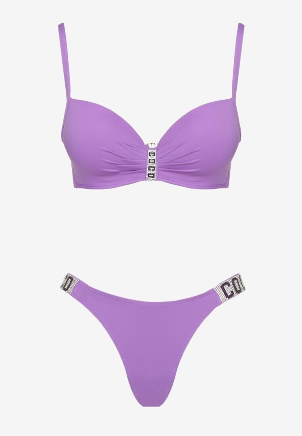 Fioletowe Bikini Biustonosz i Majtki Figi z Aplikacją z Cyrkoniami Nateria