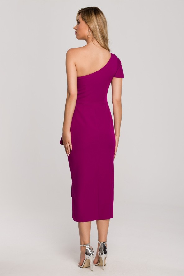 Wieczorowa sukienka na jedno ramię ołówkowa z falbanami fioletowa
