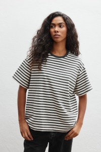 Klasyczny Tshirt w paski BEŻOWO GRAFITOWE - DUAL-M/L