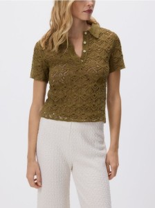 Ażurowa koszulka polo - oliwkowy