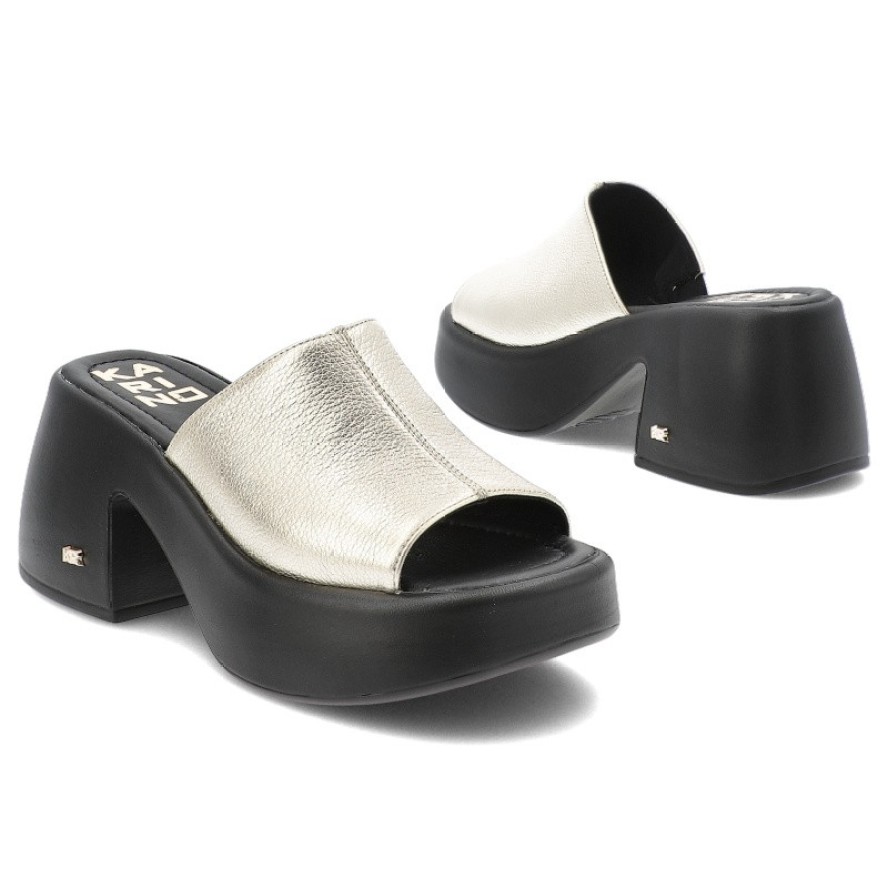 Złote Klapki Karino Eleganckie Obuwie Damskie Na Obcasie