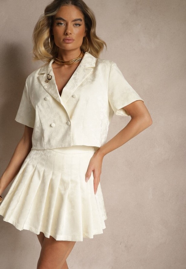 Jasnobeżowy Komplet z Wiskozy Plisowana Spódnica z Szortami i Krótka Bluzka Nilistta