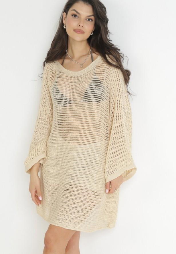 Beżowa Dzianinowa Narzutka Tunika Szydełkowa Waylee