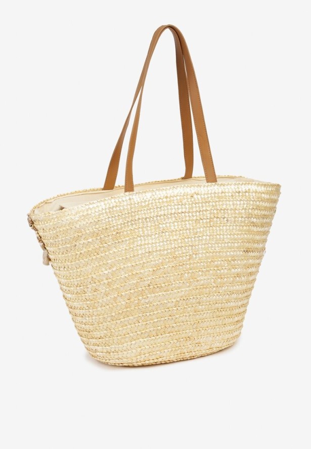 Beżowa Torebka z Plecionego Materiału Zapinana na Zamek Błyskawiaczny Abcolia