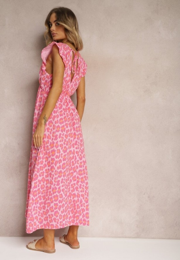 Różowa Sukienka Boho z Bawełny Ozdobiona Wiązaniem Carivia