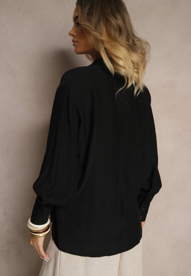 Czarna Klasyczna Koszula z Wiskozą z Haftowanymi Zdobieniami Korolena