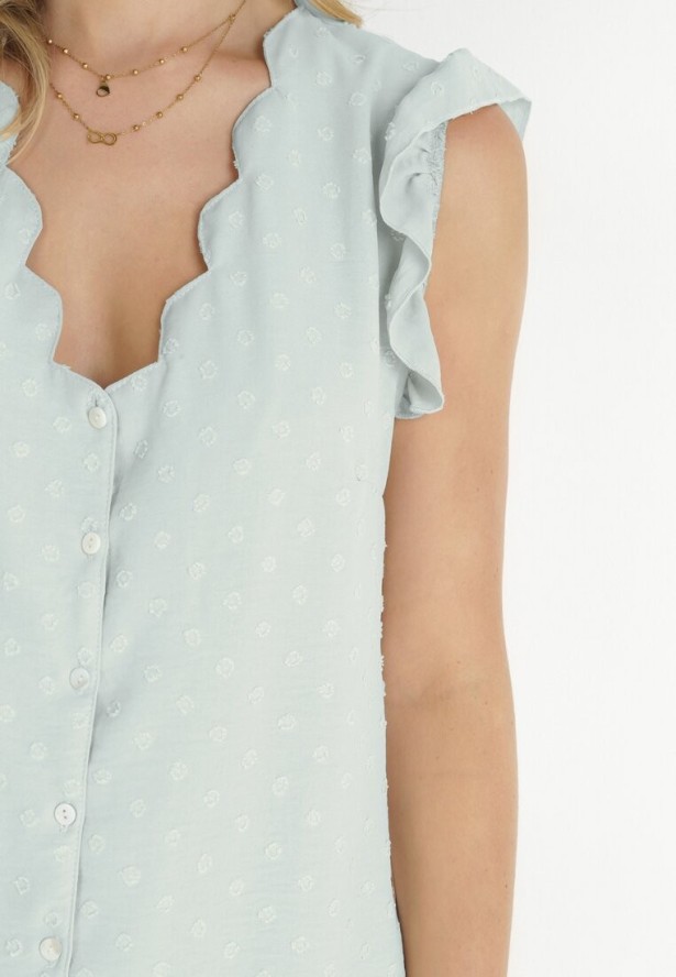 Zielona Bluzka Top z Tkaniny Plumeti z Falbankami przy Ramionach Fatalie