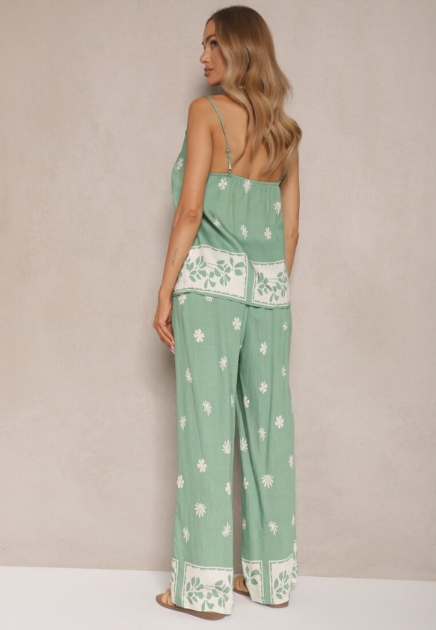 Miętowy Kwiatowy Komplet z Wiskozy Spodnie i Koszulka na Ramiączkach Beldisa