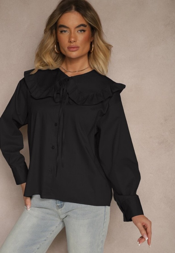 Czarna Koszula z Bawełny w Stylu Retro z Wiązaniem i Kołnierzykiem z Falbankami Firsela