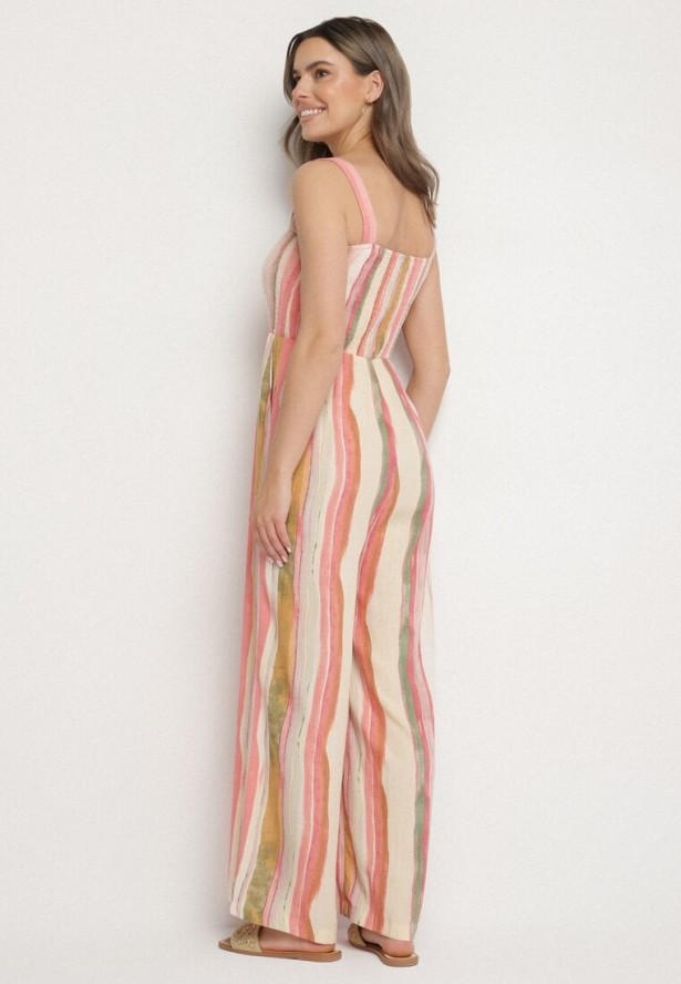 Różowy Kombinezon z Wiskozy na Ramiączkach z Szerokimi Nogawkami Efralina