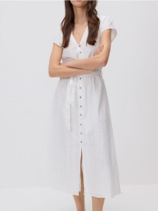 Bawełniana sukienka midi z paskiem - biały