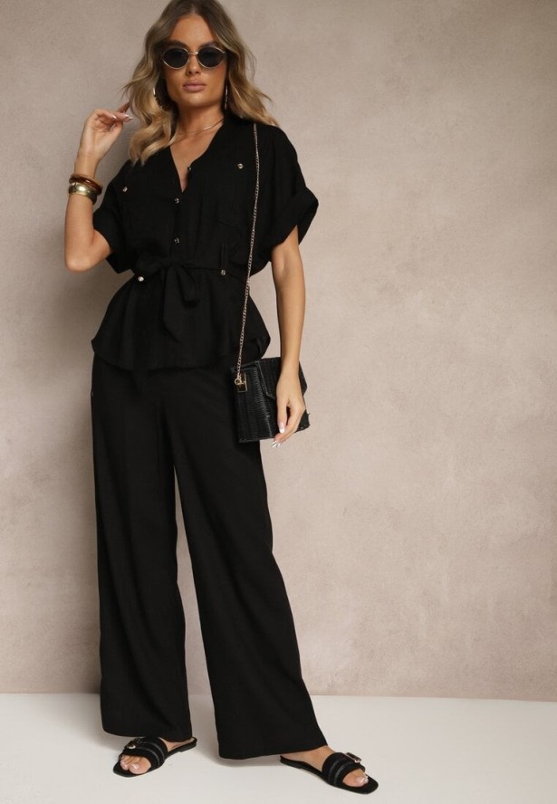 Czarny Komplet z Bawełną Spodnie i Koszula z Paskiem Rinaretea