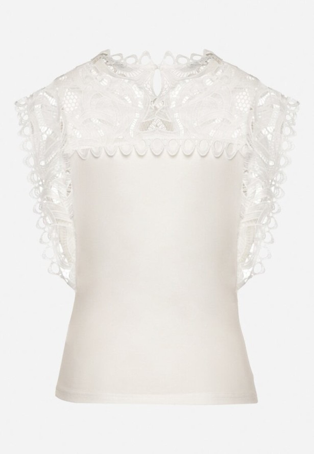 Biała Bawełniana Bluzka z Koronką przy Dekolcie i na Rękawach Belivis