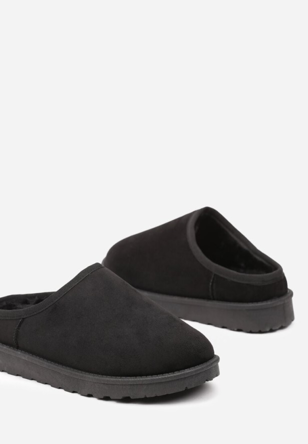 Czarne Klasyczne Płaskie Kapcie z Futerkiem Neccaria