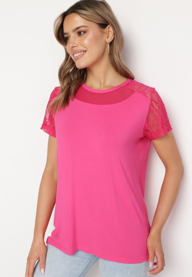 Różowa Wiskozowa Bluzka z Siateczką i Koronką Gracina