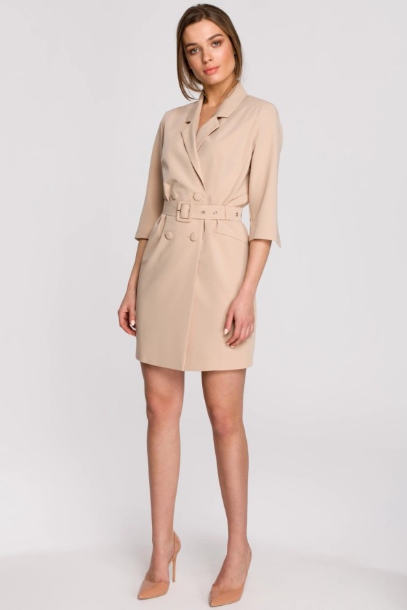 Elegancka sukienka marynarkowa z paskiem beżowa