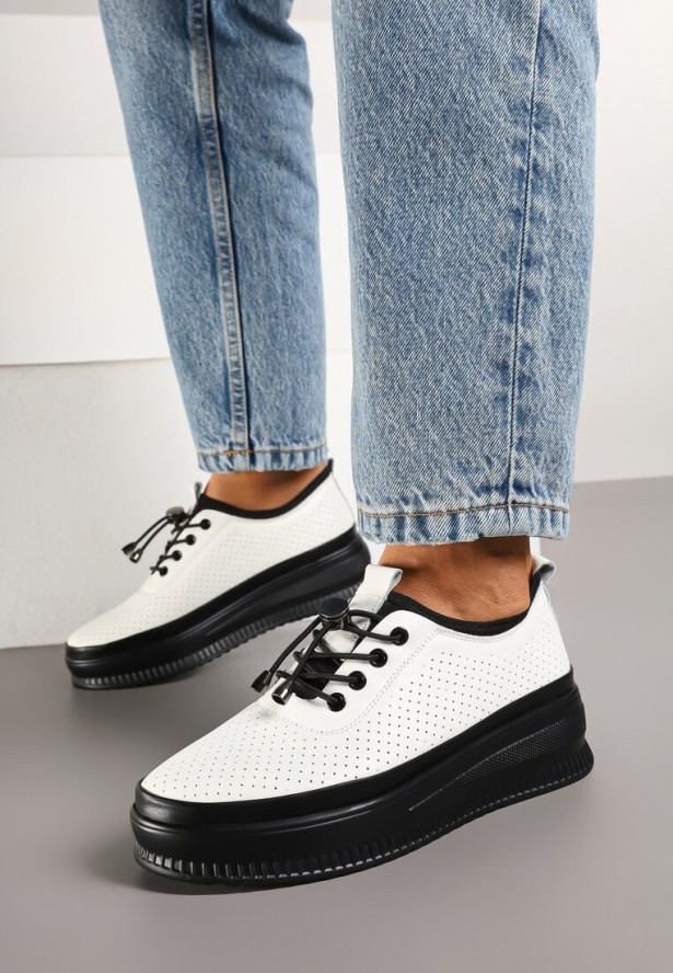 Białe Skórzane Półbuty z Perforacją i Skórzaną Wkładką Melzedra