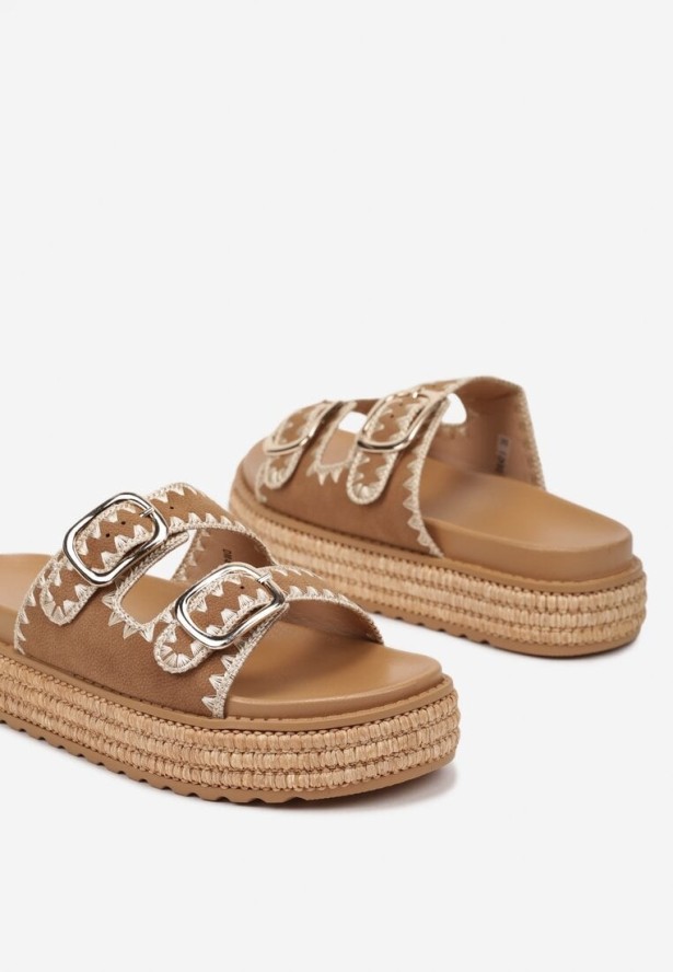 Brązowe Klapki ze Sprzączkami Ozdobione Plecionką Neolana