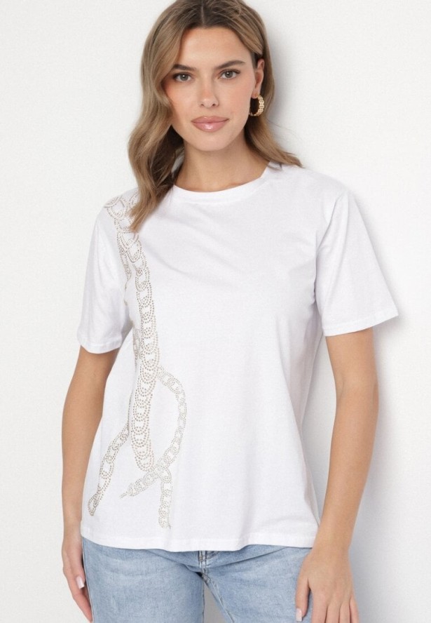 Biały T-shirt Bawełniany z Cyrkoniami Felnella