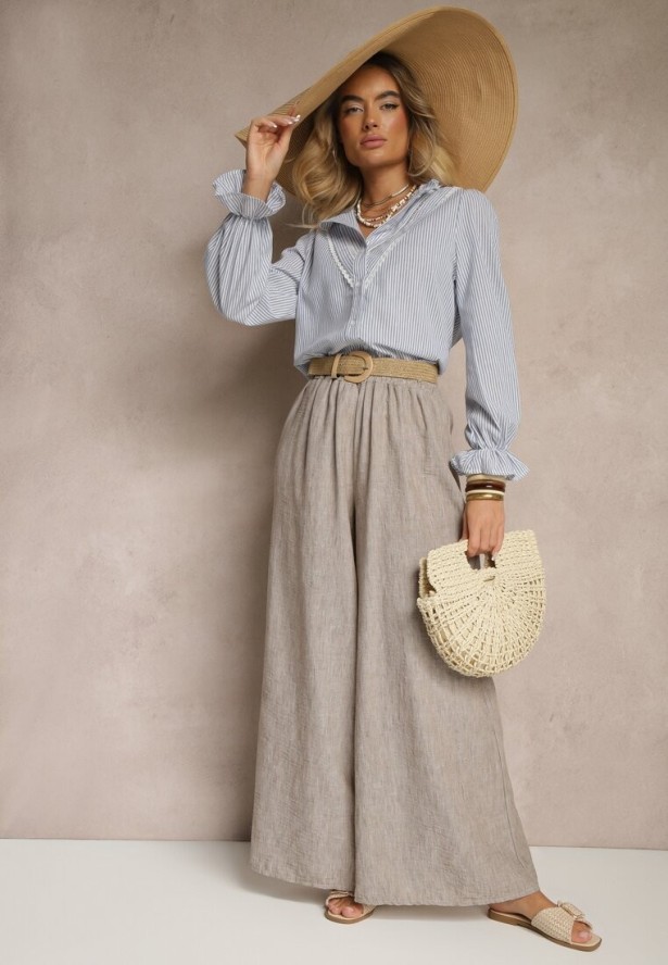 Jasnoniebieska Koszula z Bawełną Ozdobione Paskami i Falbanką Arririnea