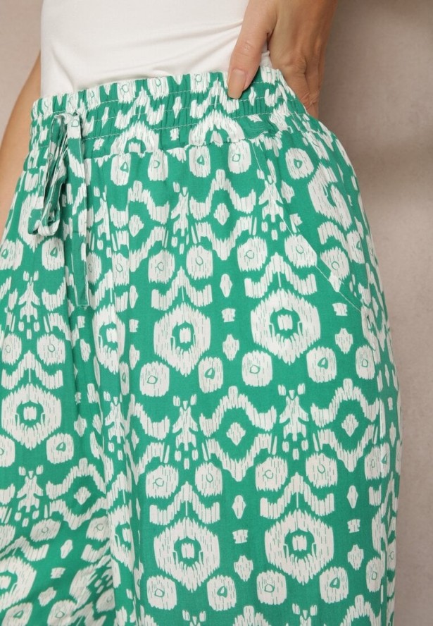 Zielone Wzorzyste Spodnie z Szerokimi Nogawkami i Gumką w Pasie z Wiskozy Zixia