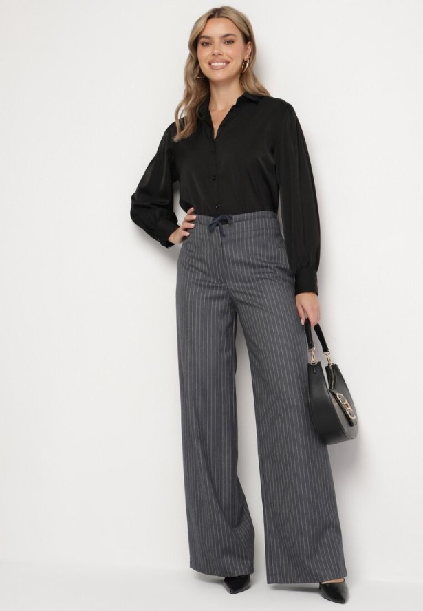 Ciemnoszare Spodnie Garniturowe z Wiskozą z Kieszeniami i Wiązaniem Sevitha