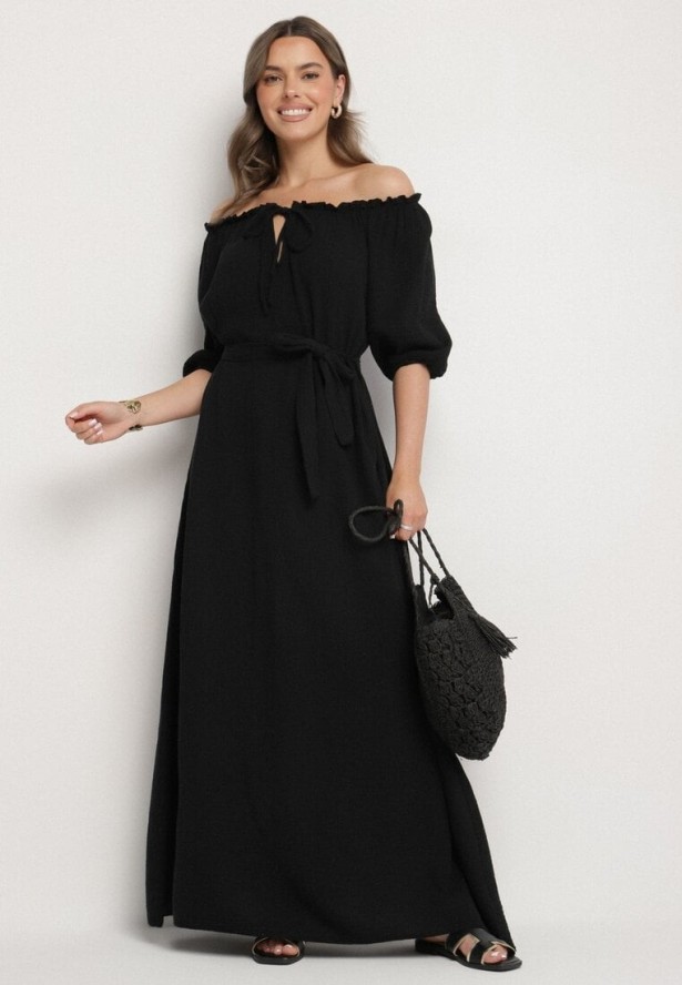 Czarna Trapezowa Muślinowa Sukienka z Bawełny z Paskiem i Gumką w Talii Vimarinn