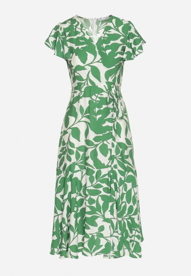 Jasnozielona Rozkloszowana Sukienka z Wiązaniem w Roślinny Wzór Janitaie