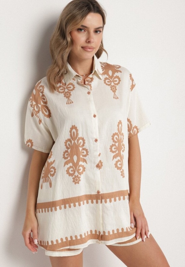 Jasnobeżowy Komplet w Stylu Rustykalnym Koszula i Szorty Tosmire