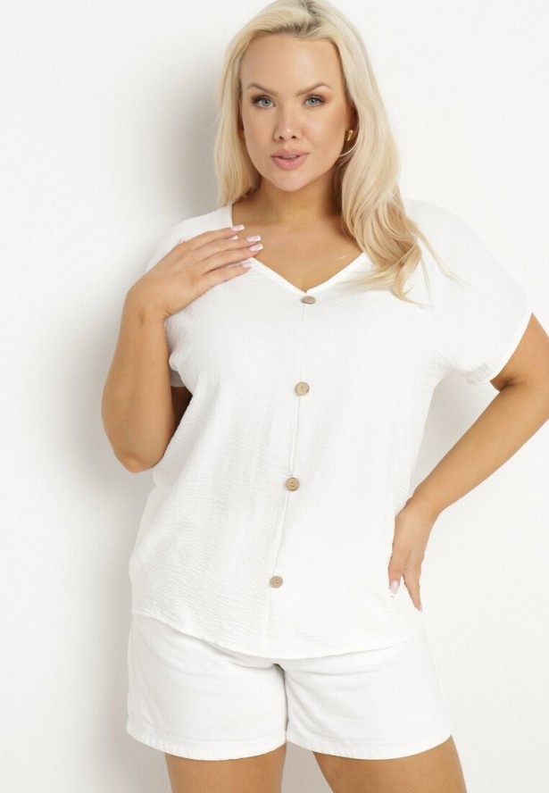 Biała Bluzka Ozdobiona Guziczkami z Przodu Mepiana