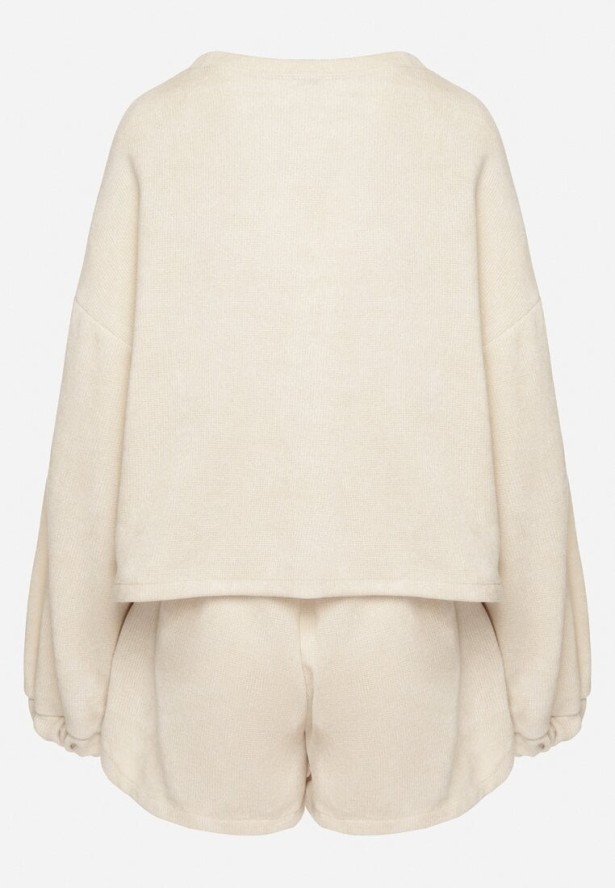 Beżowy Dzianinowy Komplet Bluza i Szorty Novanisa