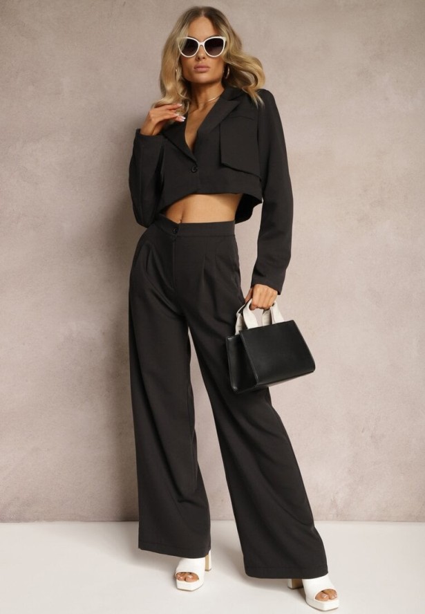 Czarny Garniturowy Komplet Marynarka Cropped i Szerokie Spodnie Mairilee